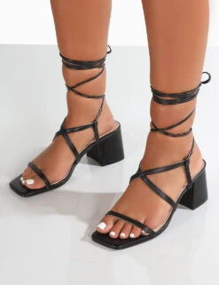 Mabel Wide Fit Black PU Ankle Tie Block Heeled Sandals -LoafLuxe Shop MabelBlackDetail