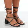 Mabel Wide Fit Black PU Ankle Tie Block Heeled Sandals -LoafLuxe Shop MabelBlackFront