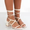 Mabel Wide Fit Off White PU Ankle Tie Block Heeled Sandals -LoafLuxe Shop MabelOffWhiteFront
