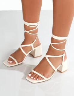 Mabel Wide Fit Off White PU Ankle Tie Block Heeled Sandals -LoafLuxe Shop MabelOffwhiteDetail