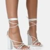 Nyla Wide Fit White Patent Strappy Lace Up Square Toe Block Heels -LoafLuxe Shop NYLAWHITE 1