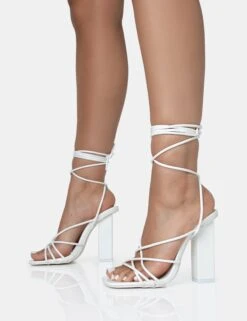 Nyla Wide Fit White Patent Strappy Lace Up Square Toe Block Heels -LoafLuxe Shop NYLAWHITE 2