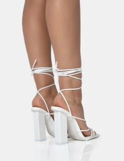 Nyla Wide Fit White Patent Strappy Lace Up Square Toe Block Heels -LoafLuxe Shop NYLAWHITE 4