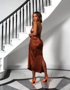 Amber X Public Desire Cowl Front Midi Dress In Satin Chocolate -LoafLuxe Shop PDAG 054ASOS 2