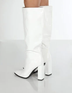 Posie Wide Fit White Pu Knee High Block Heel Boots -LoafLuxe Shop PosieWhiteBack ea503f95 ea83 4e31 88a9 78fde149a9da