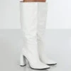 Posie Wide Fit White Pu Knee High Block Heel Boots -LoafLuxe Shop PosieWhiteFront 572b0866 5234 460c 8988 77e49c5290ac