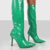 Rosalie Green Croc Heeled Pointed Toe Knee High Boots -LoafLuxe Shop ROSALIEGREENFRONT1