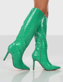 Rosalie Wide Fit Green Croc Heeled Pointed Toe Knee High Boots -LoafLuxe Shop ROSALIEGREENWALKING1 9956b43b d977 46d6 b0e5 0d5a1e131873