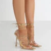 Strike Gold Metallic PU Clear Perspex Lace Up Court Heels -LoafLuxe Shop StrikeGoldFrontLaceDown