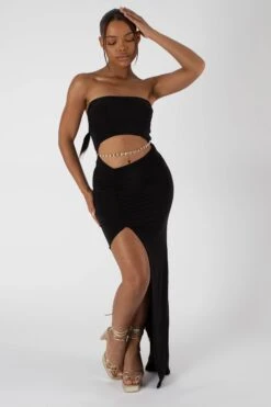 Split Side Bandeau Slinky Maxi Dress Black -LoafLuxe Shop StudioSession 1253 2