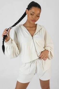 Zip Through Towelling Hoodie Ecru