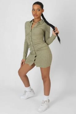 Button Front Ruched Dress Khaki -LoafLuxe Shop StudioSession 823copy