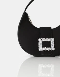 The Pearl Black Satin Pearled Buckle Mini Bag -LoafLuxe Shop THEPEARLSATINBLACK.1