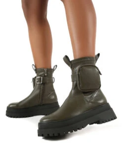 Thought Khaki Pu Wide Fit Pocket Chunky Sole Ankle Boot -LoafLuxe Shop THOUGHT KHAKI PU 3