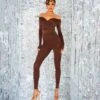 Second Skin Off Shoulder Ruched Unitard Jumpsuit Brown -LoafLuxe Shop campaign2.0009912copy
