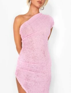 One Shoulder Textured Split Detail Midaxi Dress Pink -LoafLuxe Shop casey03.082967copy