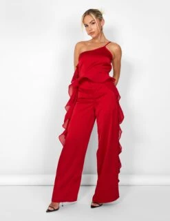 Public Desire Kaiia Chiffon Ruffle Wide Leg Trouser In Red -LoafLuxe Shop casey03.083764