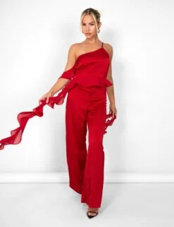 Public Desire Kaiia Chiffon Ruffle Wide Leg Trouser In Red -LoafLuxe Shop casey03.083767