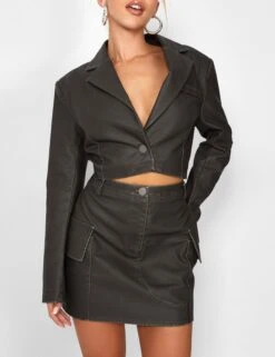 Kaiia Distressed Leather Look Cropped Blazer Co-ord In Brown -LoafLuxe Shop casey03.084118copy