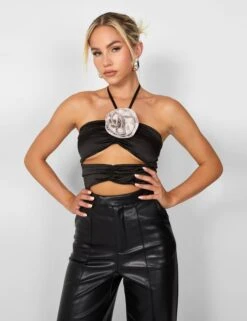 Kaiia Satin Removeable Corsage Halterneck Body In Black -LoafLuxe Shop casey03.084312