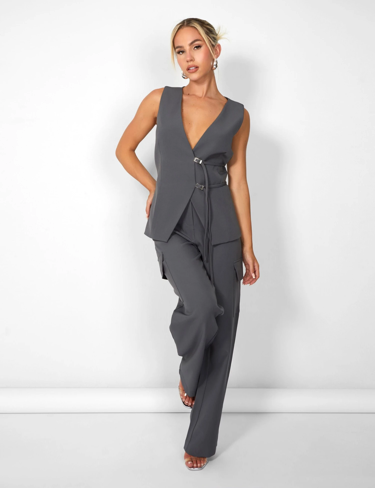 Public Desire Kaiia Wide Leg Cargo Trousers In Charcoal Grey 4 Public Desire Kaiia Wide Leg Cargo Trousers In Charcoal Grey - Image 2