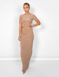 Kaiia Low Back Slinky Crop Top Co-ord In Taupe -LoafLuxe Shop casey03.085033