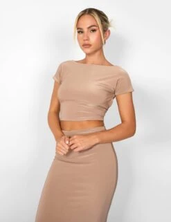 Kaiia Low Back Slinky Crop Top Co-ord In Taupe -LoafLuxe Shop casey03.085046