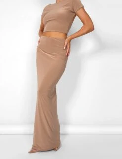 Kaiia Low Back Slinky Crop Top Co-ord In Taupe -LoafLuxe Shop casey03.085056