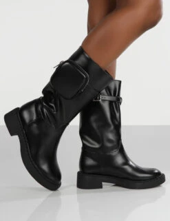 Evoke Black Pocket Detail Chunky Sole Calf Height Boot -LoafLuxe Shop evoke0022
