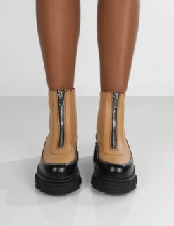 Direction Tan Pu Zip Front Platform Chunky Sole Ankle Boot -LoafLuxe Shop evoke0045