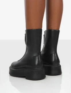 Indigo Black PU Platform Chunky Sole Zip Through Ankle Boot -LoafLuxe Shop indigoblackback
