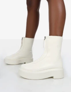 Indigo Ecru PU Platform Chunky Sole Zip Through Ankle Boot -LoafLuxe Shop indigowhitedetail