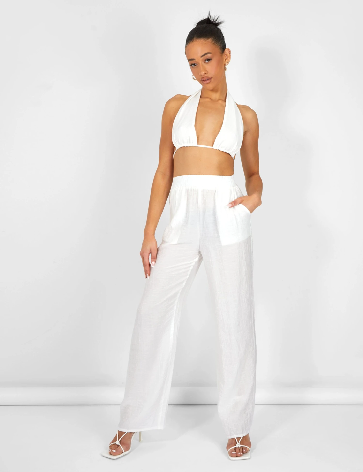 Crinkle Elasticated Waist Wide Leg Trousers White 3 Crinkle Elasticated Waist Wide Leg Trousers White