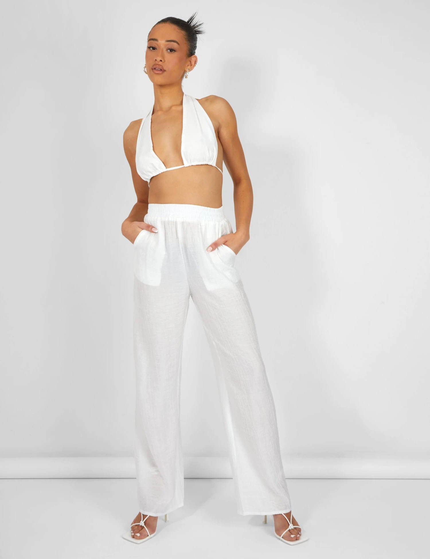 Crinkle Elasticated Waist Wide Leg Trousers White 4 Crinkle Elasticated Waist Wide Leg Trousers White - Image 2