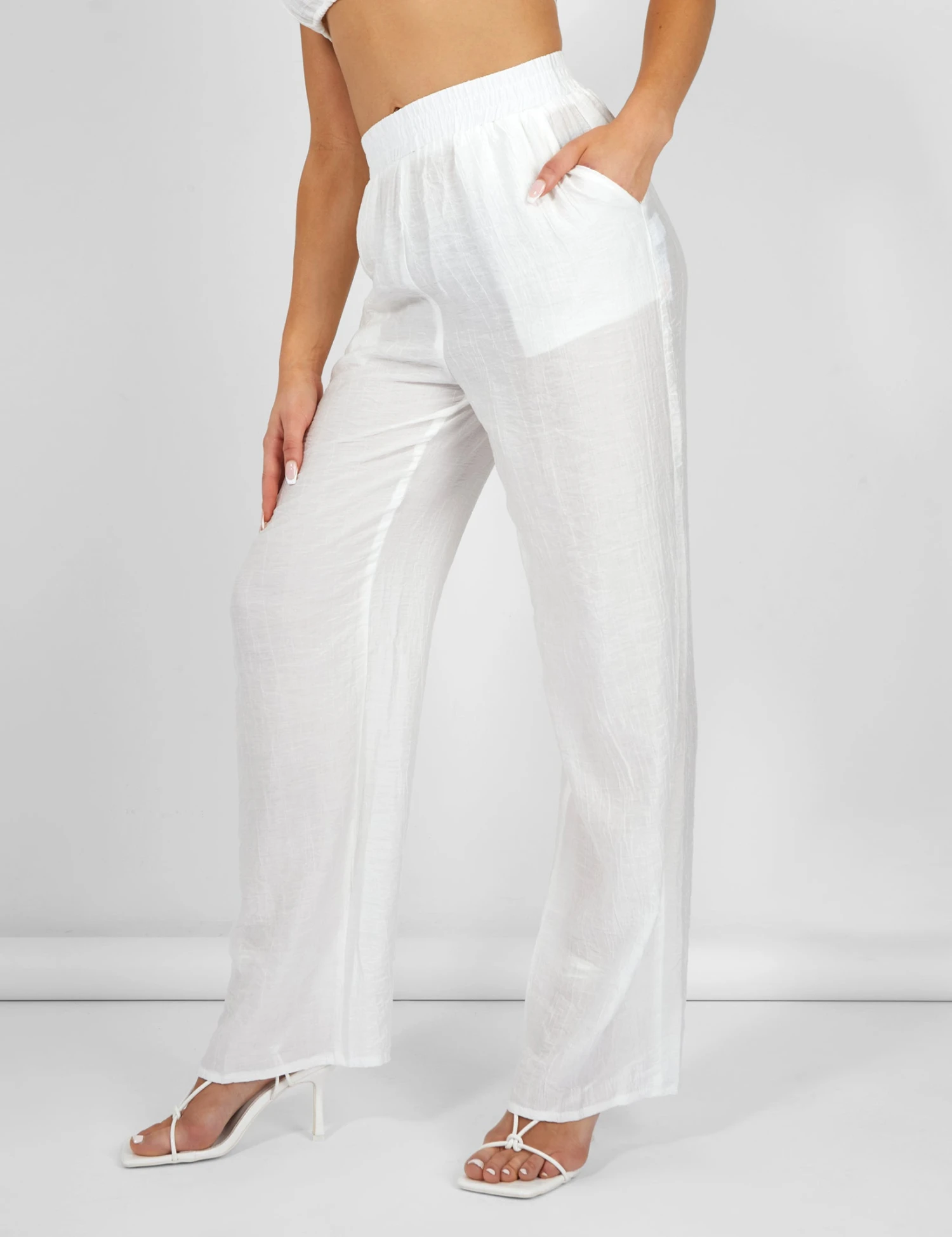Crinkle Elasticated Waist Wide Leg Trousers White 5 Crinkle Elasticated Waist Wide Leg Trousers White - Image 3