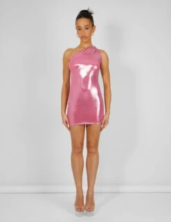 One Shoulder Ruched Metallic Mini Dress Pink -LoafLuxe Shop kaiia02.050513
