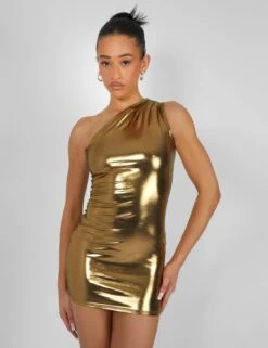 One Shoulder Ruched Metallic Mini Dress Gold -LoafLuxe Shop kaiia02.050562copy