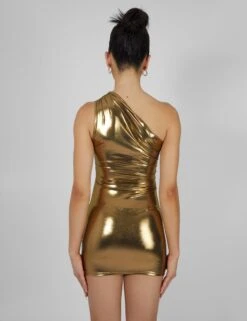 One Shoulder Ruched Metallic Mini Dress Gold -LoafLuxe Shop kaiia02.050563