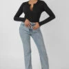 Front Button Long Sleeve Ribbed Bodysuit Black -LoafLuxe Shop kaiia11.10 116