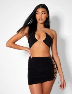 Cross Front Diamante Rope Crop Top Black -LoafLuxe Shop kaiia20935copy