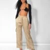 Split Hem Satin Elasticated Waist Wide Leg Cargo Trousers Champagne -LoafLuxe Shop kaiia21038copy2