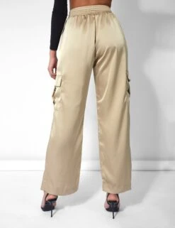 Split Hem Satin Elasticated Waist Wide Leg Cargo Trousers Champagne -LoafLuxe Shop kaiia21060copy