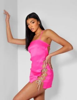 Diamante Rope Square Neck Mini Dress Pink -LoafLuxe Shop kaiia21168