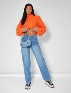 Roll Neck Cropped Cable Knitted Jumper Orange -LoafLuxe Shop kaiia21210
