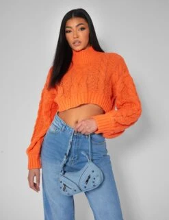 Roll Neck Cropped Cable Knitted Jumper Orange -LoafLuxe Shop kaiia21212