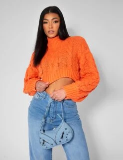 Roll Neck Cropped Cable Knitted Jumper Orange -LoafLuxe Shop kaiia21215