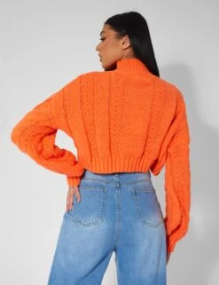 Roll Neck Cropped Cable Knitted Jumper Orange -LoafLuxe Shop kaiia21240copy