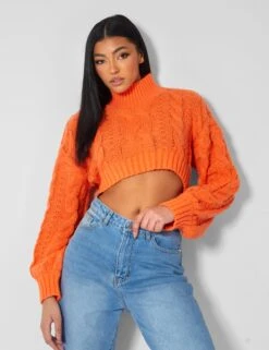 Roll Neck Cropped Cable Knitted Jumper Orange -LoafLuxe Shop kaiia21243