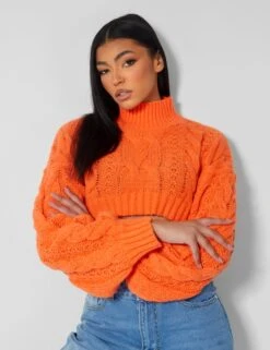 Roll Neck Cropped Cable Knitted Jumper Orange -LoafLuxe Shop kaiia21253