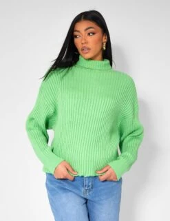 High Neck Constrast Stitch Ribbed Knitted Oversized Jumper Green -LoafLuxe Shop kaiia21276copy